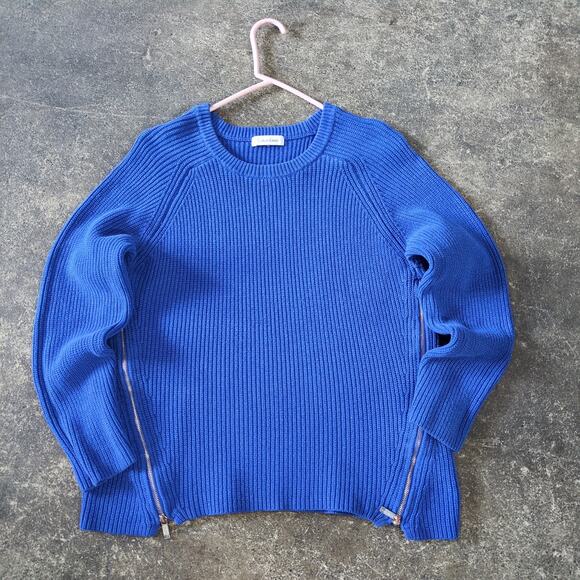 Calvin Klein Sweater Womens L Blue Ribbed Preppy Y2K Knit Side Zip Crew Neck - Picture 1 of 7